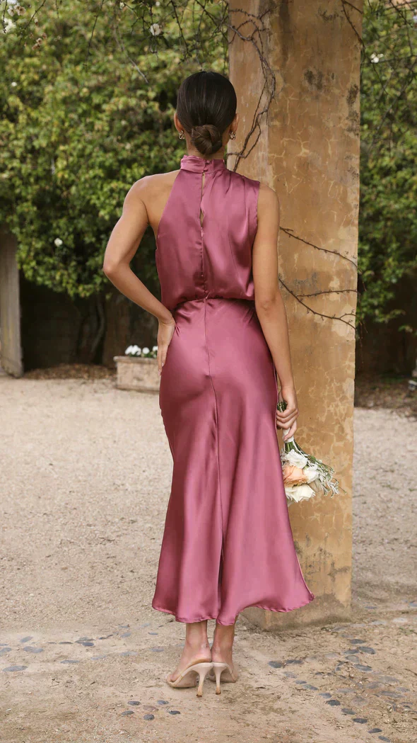 Ladies Halter Dress - Sleeveless Satin Look - Fitted - Midi Length Elegant Fit - Image 5