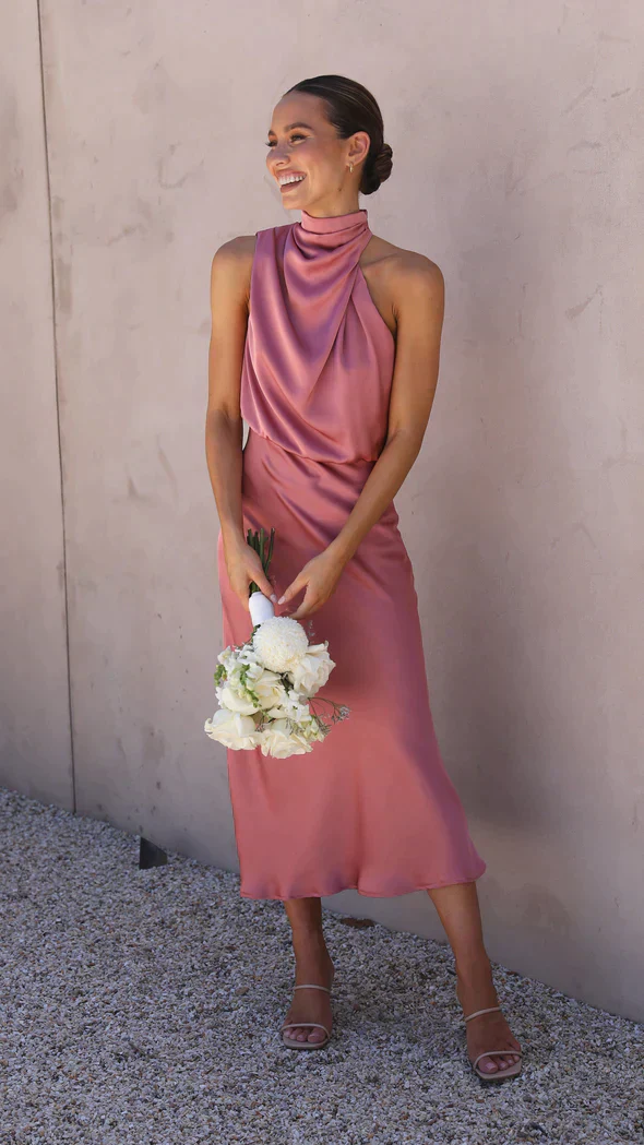 Ladies Halter Dress - Sleeveless Satin Look - Fitted - Midi Length Elegant Fit - Image 6