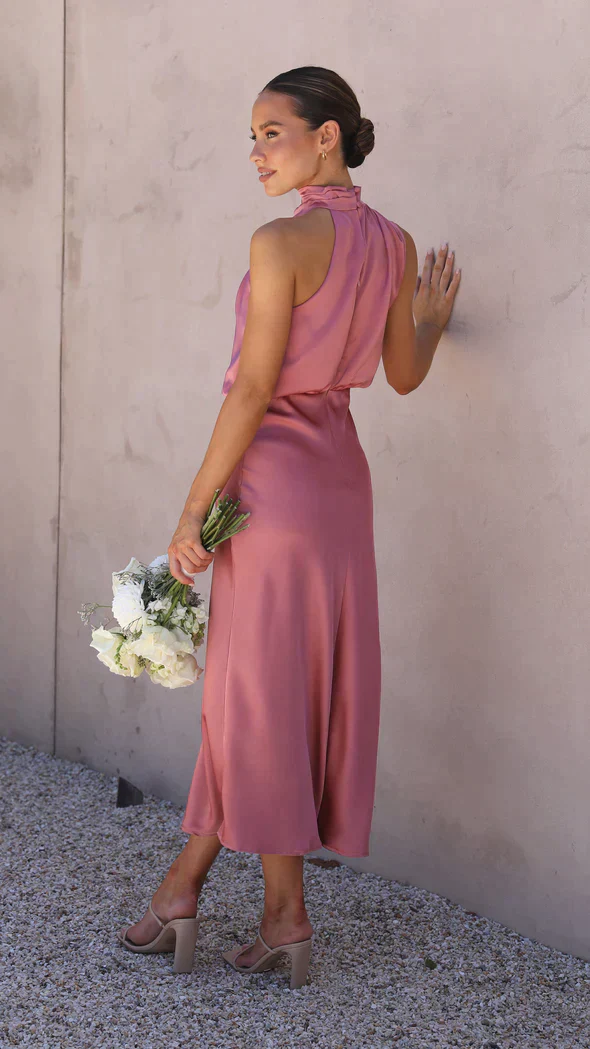 Ladies Halter Dress - Sleeveless Satin Look - Fitted - Midi Length Elegant Fit - Image 7