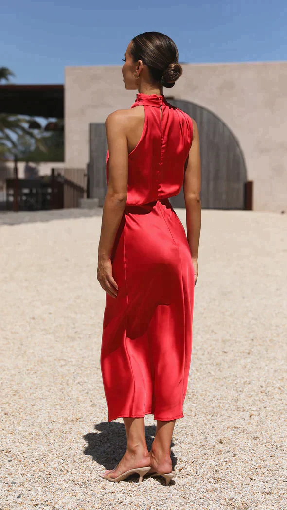 Ladies Halter Dress - Sleeveless Satin Look - Fitted - Midi Length Elegant Fit - Image 9