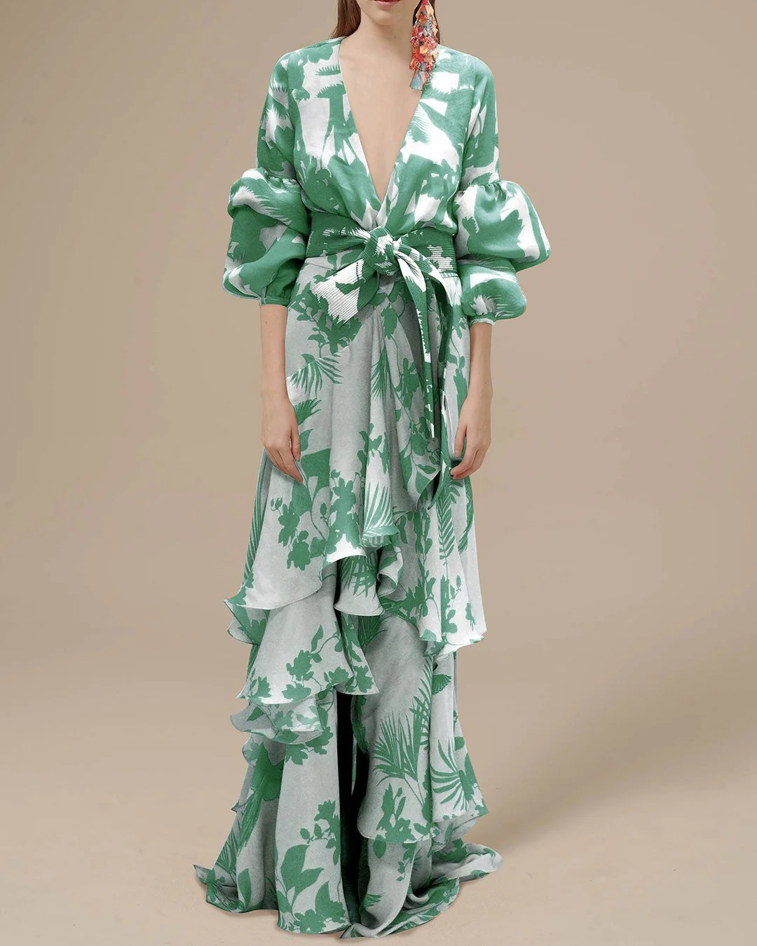 Ladies Maxi Dress - Deep V-Neck - Puff Sleeves - Wrap Style - Floral Print - Ruffles - Image 2