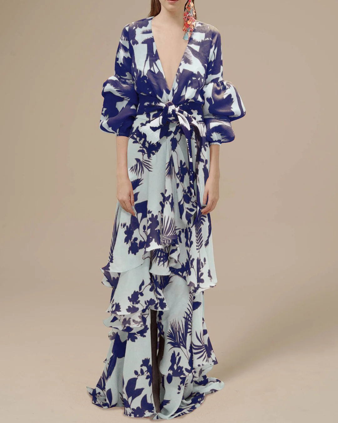 Ladies Maxi Dress - Deep V-Neck - Puff Sleeves - Wrap Style - Floral Print - Ruffles - Image 3