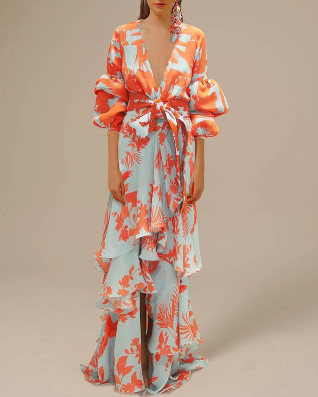 Ladies Maxi Dress - Deep V-Neck - Puff Sleeves - Wrap Style - Floral Print - Ruffles - Image 4
