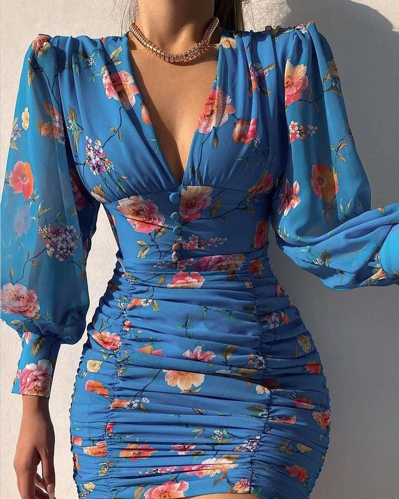 Women's Mini Dress - V-Neck - Shaping Seam - Sheer Puff Sleeves - Elegant Look - Image 2