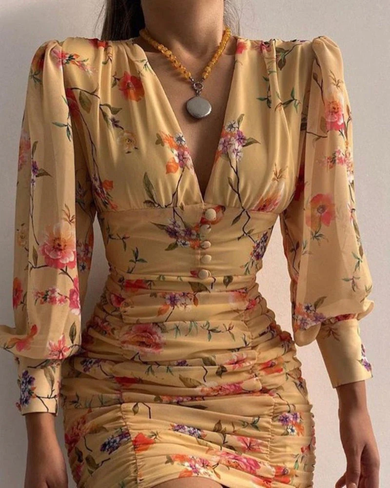 Women's Mini Dress - V-Neck - Shaping Seam - Sheer Puff Sleeves - Elegant Look - Image 3