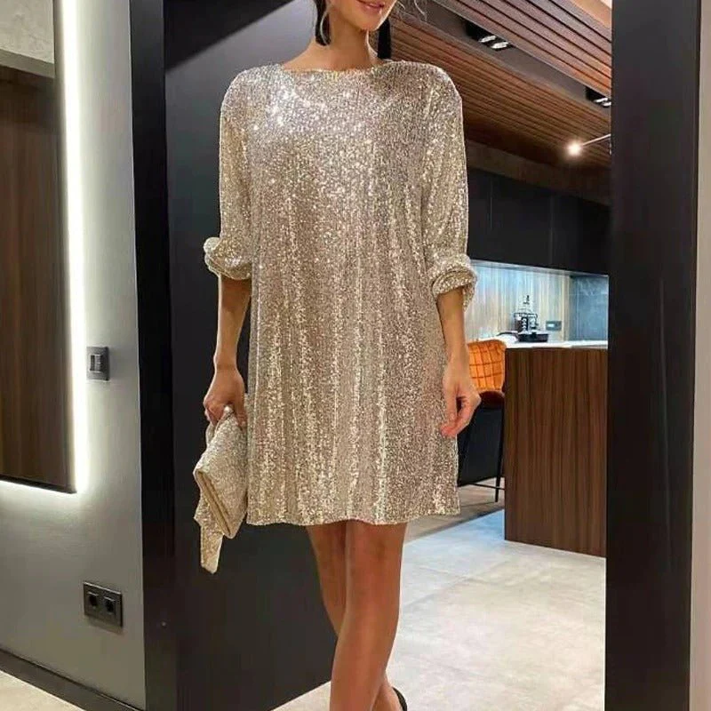 Women's Dress - Sequin-woven - Straight Fit - Long Sleeves - Cocktail Style - Image 2