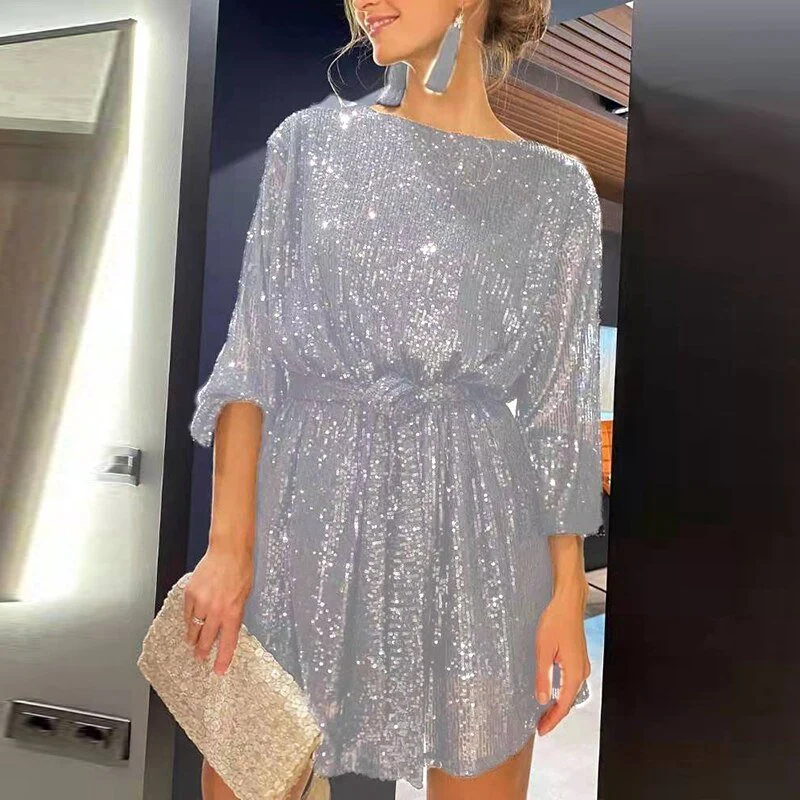 Women's Dress - Sequin-woven - Straight Fit - Long Sleeves - Cocktail Style - Image 3