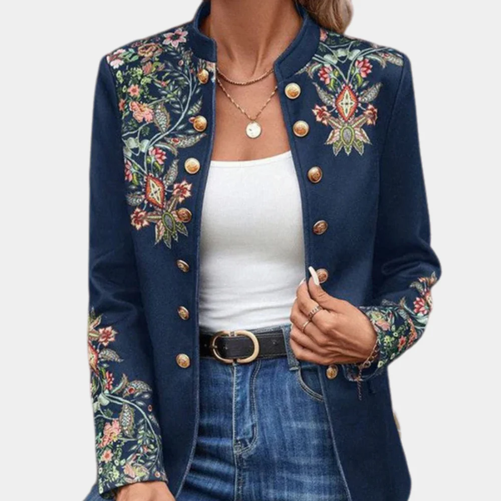 Women's Blazer - Fitted Model - Embroidered Floral Details - High-Neck Elegant Design - Image 5