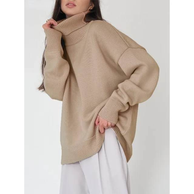 Women's Turtleneck Sweater – Oversized Fit – Knitted – Long Sleeves – Ribbed Trim Casual - Image 11