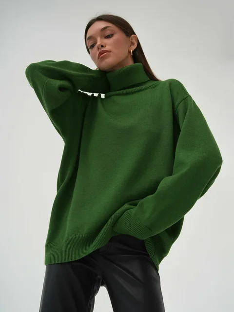 Women's Turtleneck Sweater – Oversized Fit – Knitted – Long Sleeves – Ribbed Trim Casual - Image 15