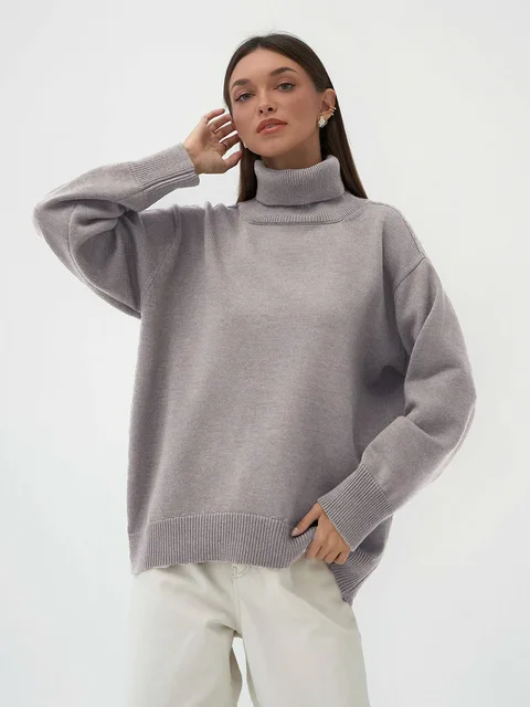 Women's Turtleneck Sweater – Oversized Fit – Knitted – Long Sleeves – Ribbed Trim Casual - Image 17