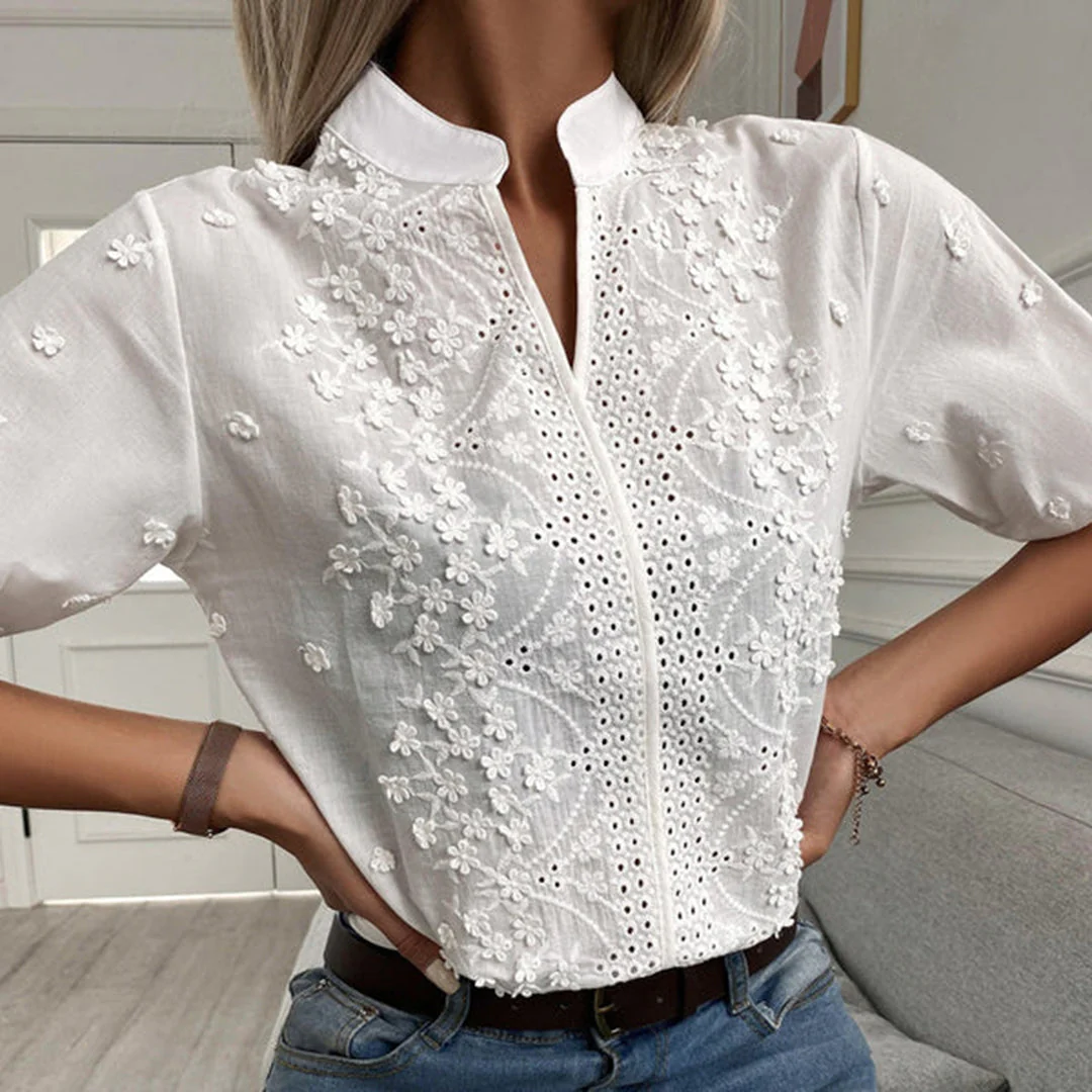 Ladies Blouse - Cotton - Embroidered With Eyelets - Mandarin Collar - Half-Length Sleeves - Image 2