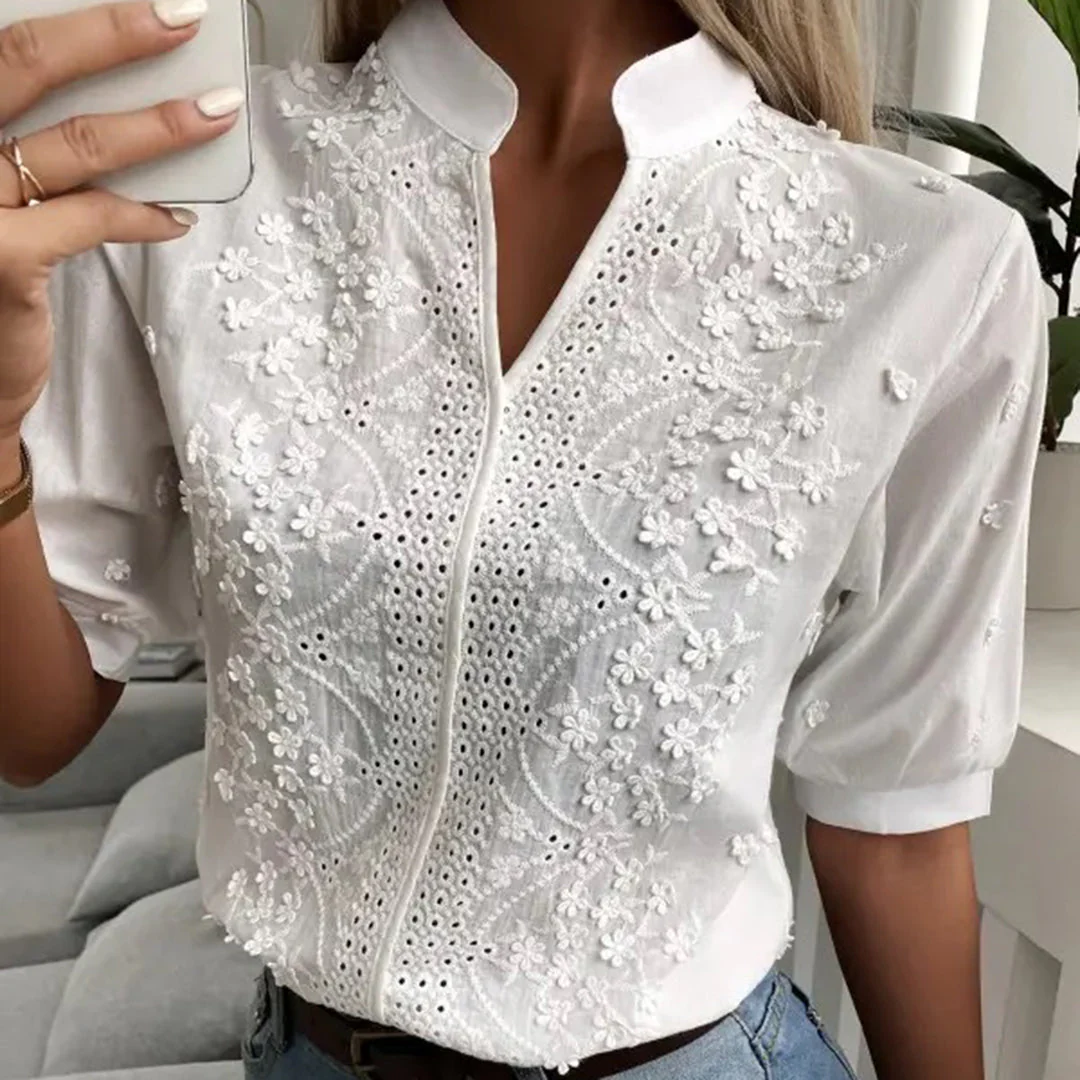 Ladies Blouse - Cotton - Embroidered With Eyelets - Mandarin Collar - Half-Length Sleeves - Image 3