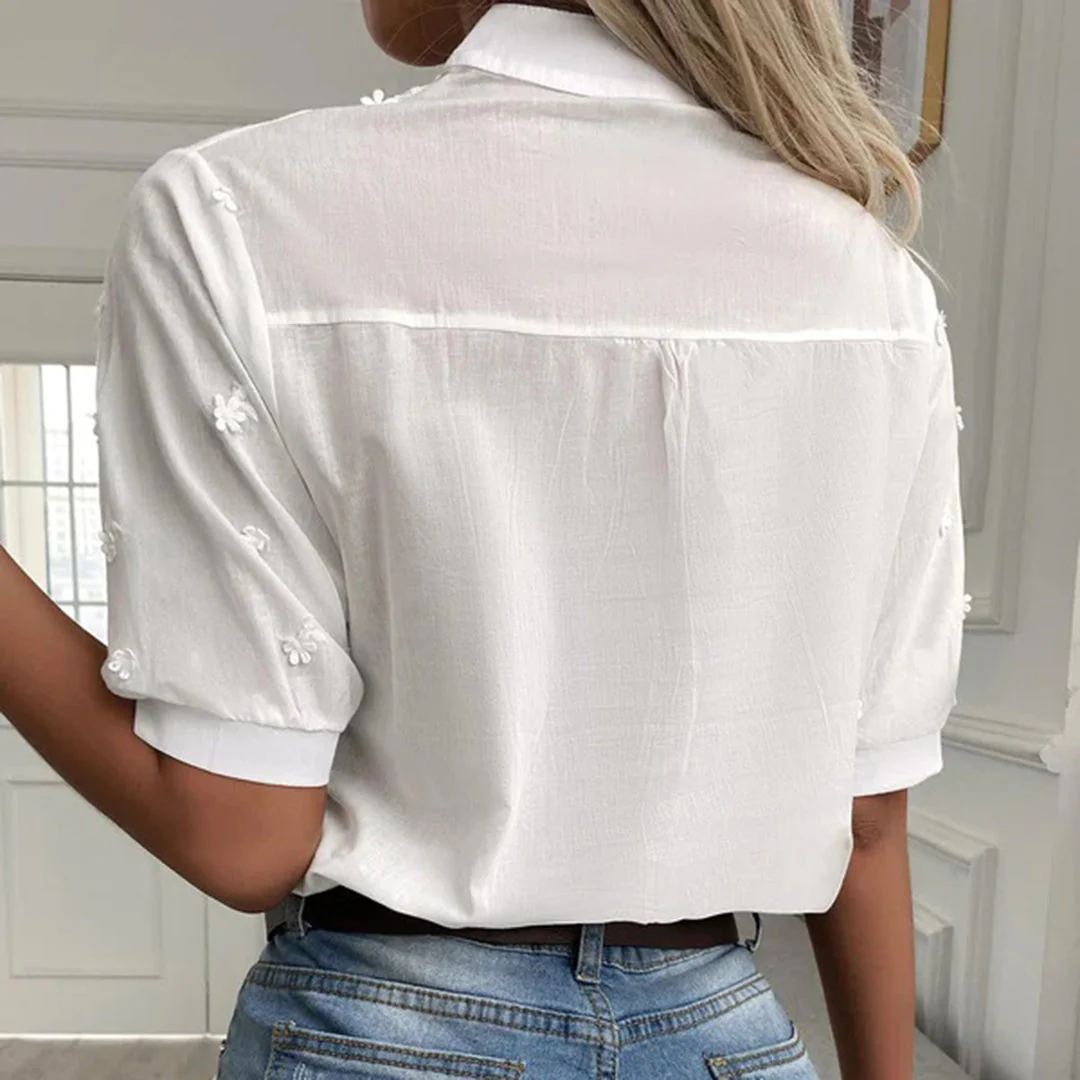 Ladies Blouse - Cotton - Embroidered With Eyelets - Mandarin Collar - Half-Length Sleeves - Image 4