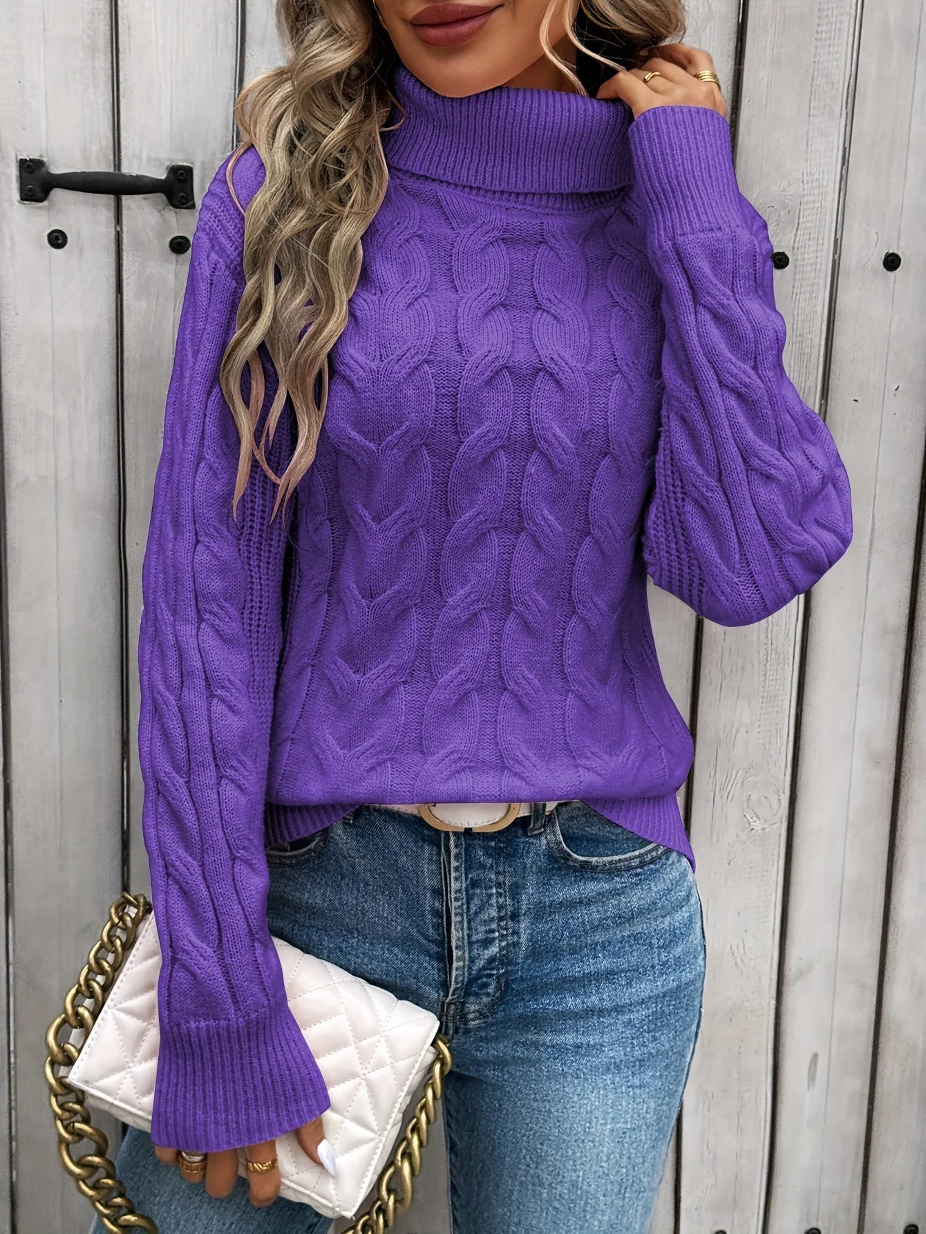 Women's Turtleneck - Knitted Cable Pattern - Relaxed Fit - Long Sleeves Comfortable - Image 10