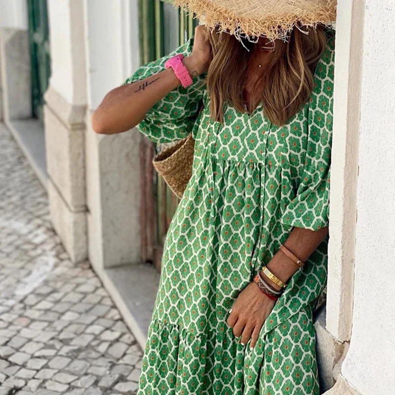Women's Maxi Dress – Airy Fabric – V-Neck – Wide Sleeves – Geometric Design - Image 4