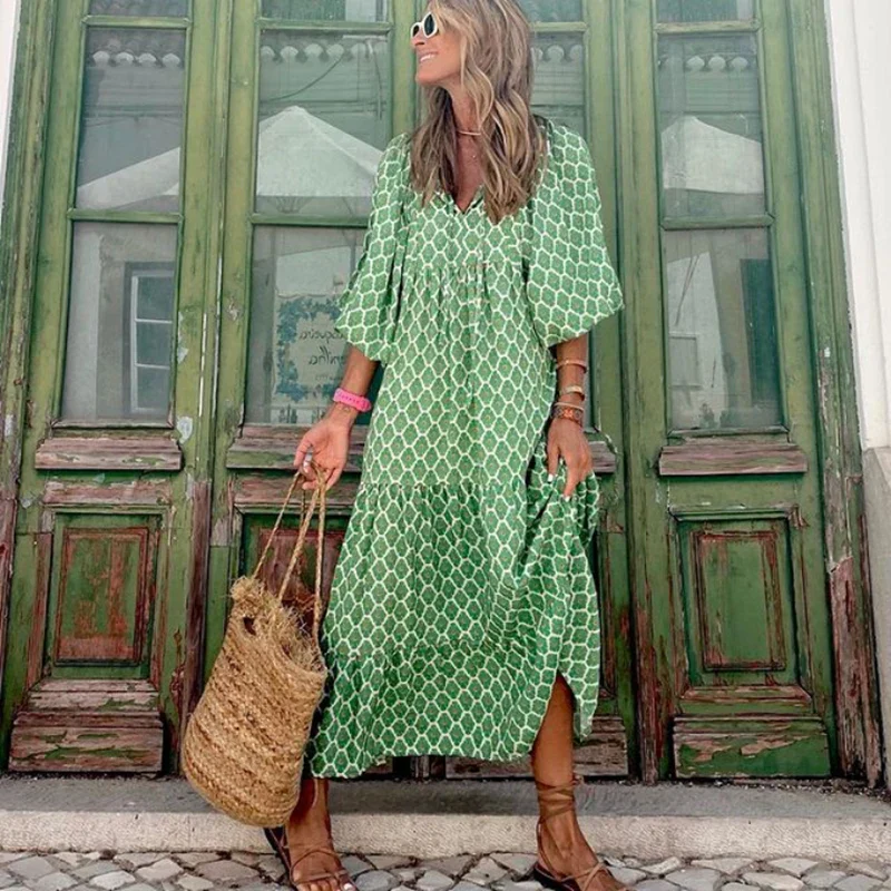 Women's Maxi Dress – Airy Fabric – V-Neck – Wide Sleeves – Geometric Design - Image 5