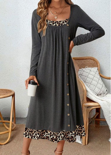 Women's Midi Dress - Relaxed Fit - Square Neck - Long Sleeves - With Pockets - Image 2