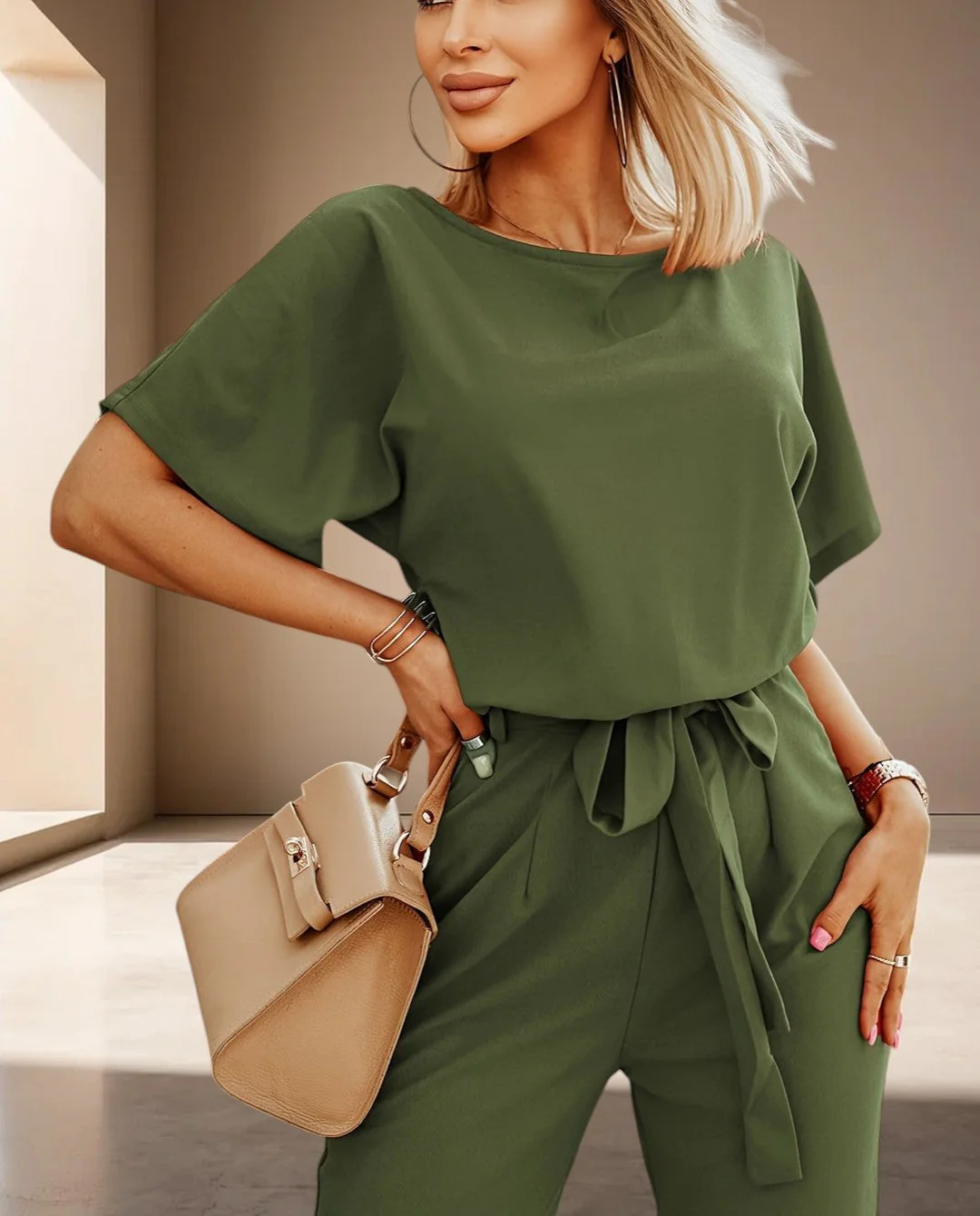 Ladies Jumpsuit – Wide Legs – Waist Belt – Round Neck – Short Sleeves – Comfort Fit - Image 6