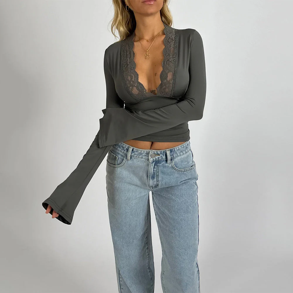Ladies Top – Slim Fit – V-Neck with Lace – Long Sleeves – Stylish Bell Sleeves - Image 8