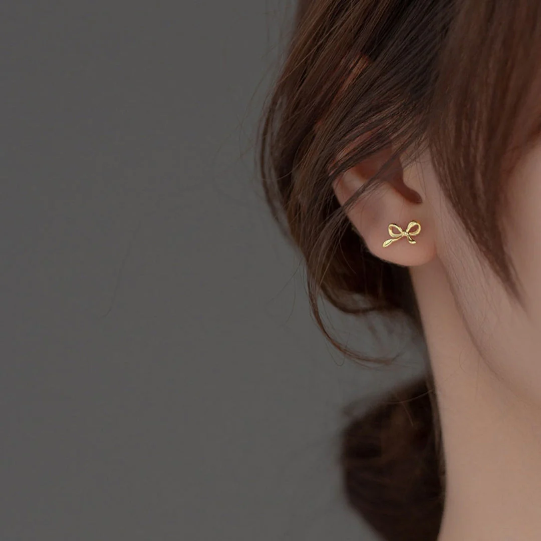 Ladies Stud Earrings - Bow Motif - Shiny Metal - Elegant Minimalist Design - Image 2