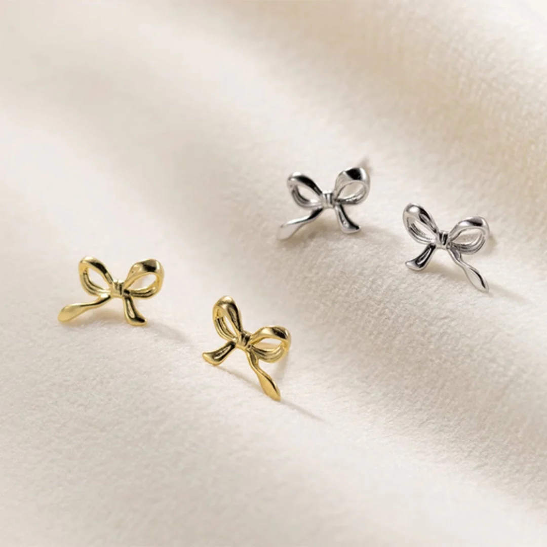 Ladies Stud Earrings - Bow Motif - Shiny Metal - Elegant Minimalist Design - Image 3