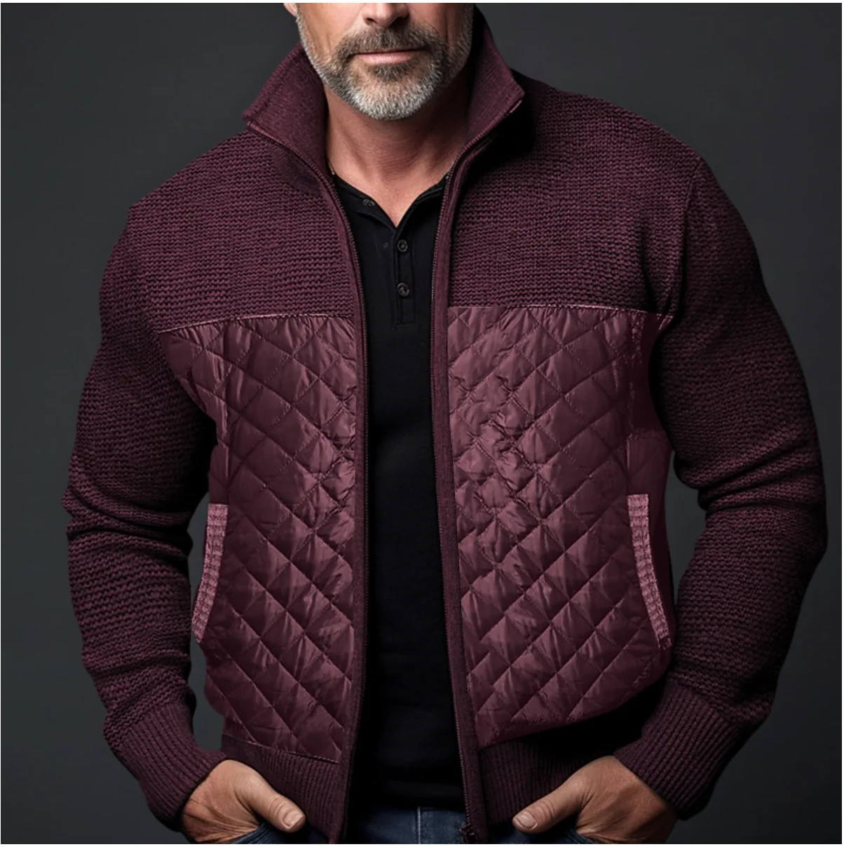 Men's Knitted Padded Jacket - Regular Fit - High Collar - Zip Closure - Casual Style - Image 3