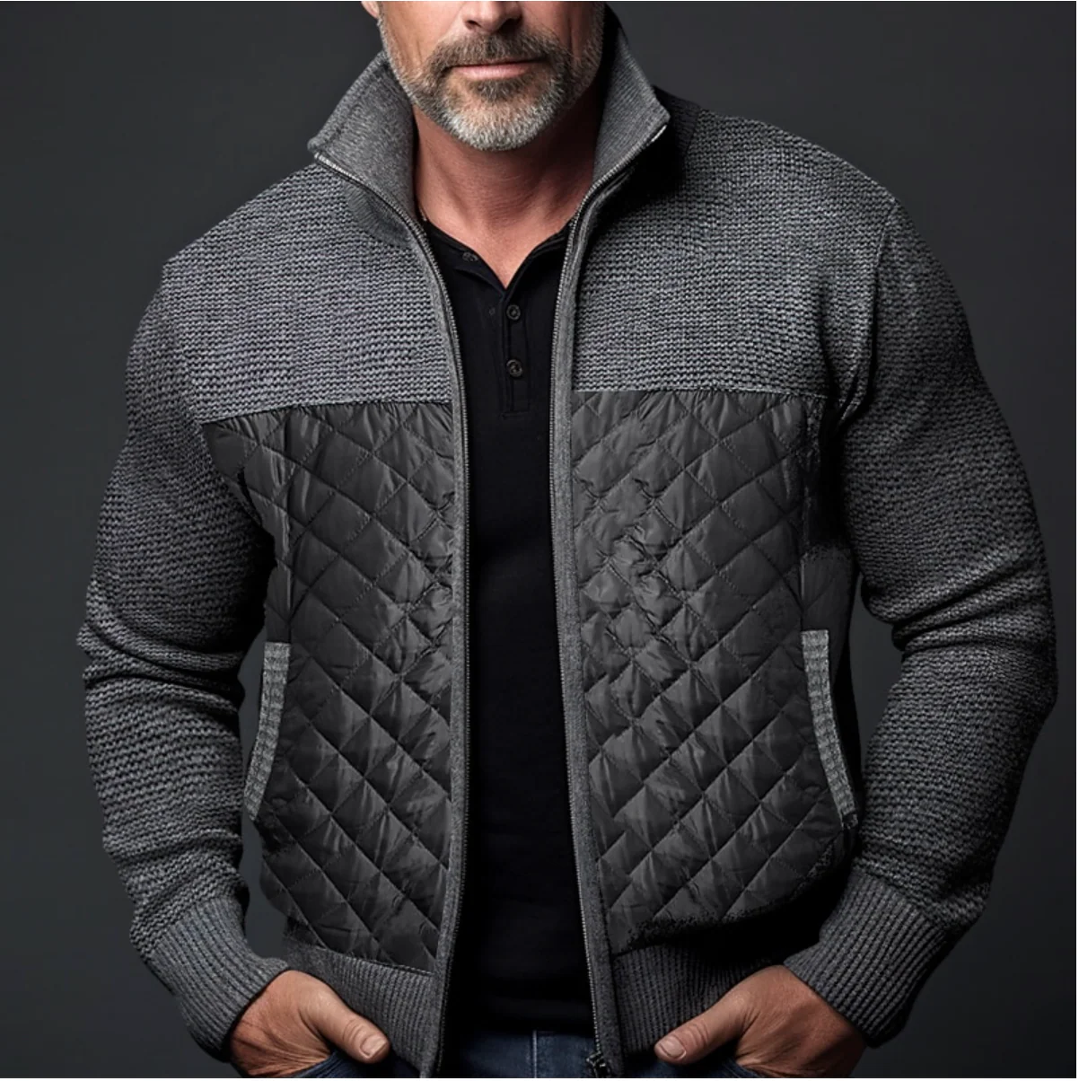 Men's Knitted Padded Jacket - Regular Fit - High Collar - Zip Closure - Casual Style - Image 4