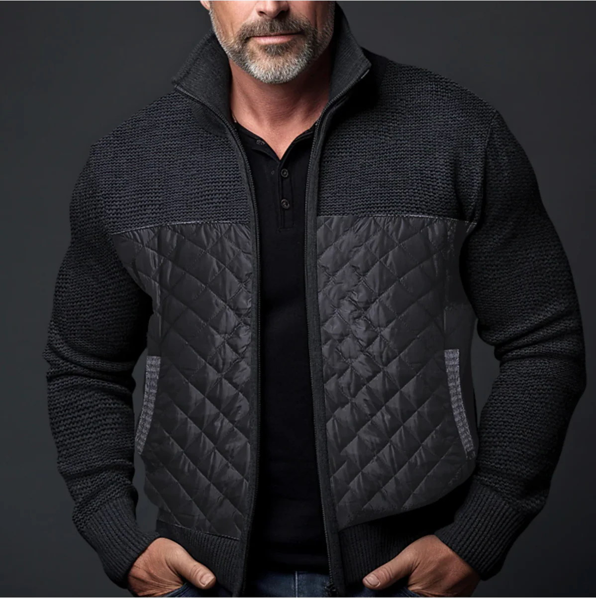 Men's Knitted Padded Jacket - Regular Fit - High Collar - Zip Closure - Casual Style - Image 5