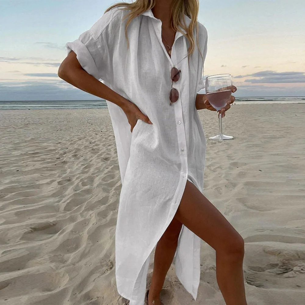 Women's Beach Dress – Oversized Fit – Cotton-Linen Mix – Button Closure – Breathable - Image 2
