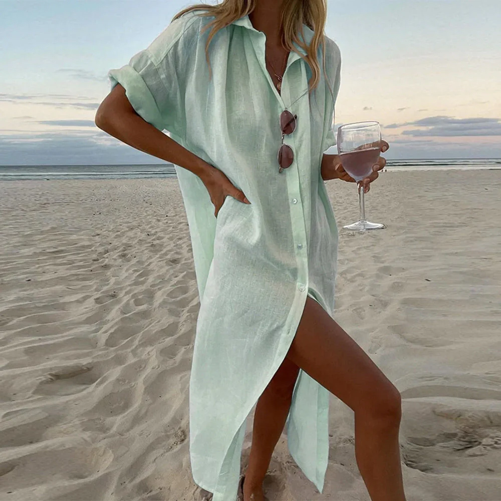 Women's Beach Dress – Oversized Fit – Cotton-Linen Mix – Button Closure – Breathable - Image 3