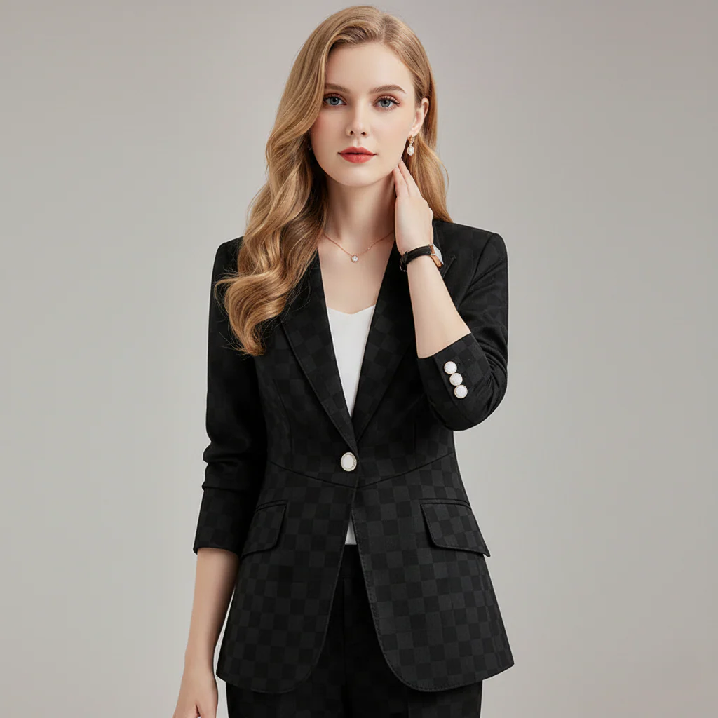 Ladies Blazer - Tailored Fit - Check Pattern - Single Button - Formal & Casual - Image 3