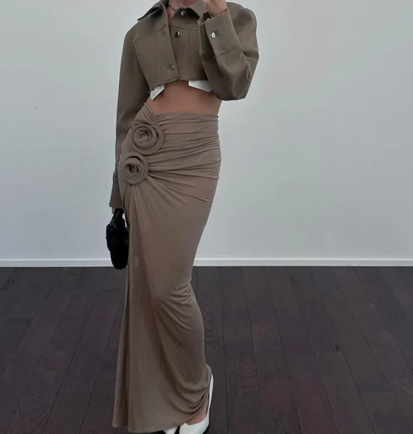 Ladies Maxi Skirt – High Waist – Elegant Fit – High Slit – Rosette Details - Image 2