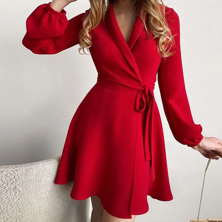 Women's Wrap Dress – Elegant Neckline – Long Sleeves – A-line – Tie Waist - Image 2
