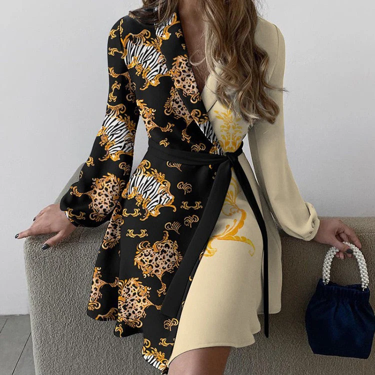 Women's Wrap Dress – Elegant Neckline – Long Sleeves – A-line – Tie Waist - Image 3