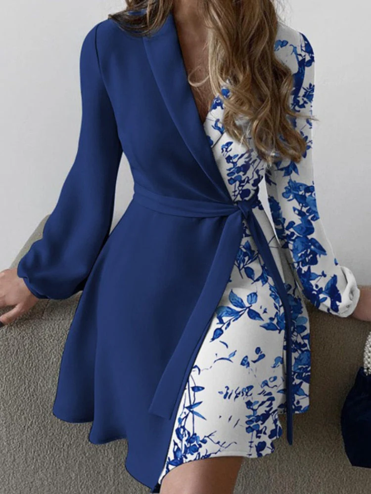 Women's Wrap Dress – Elegant Neckline – Long Sleeves – A-line – Tie Waist - Image 4