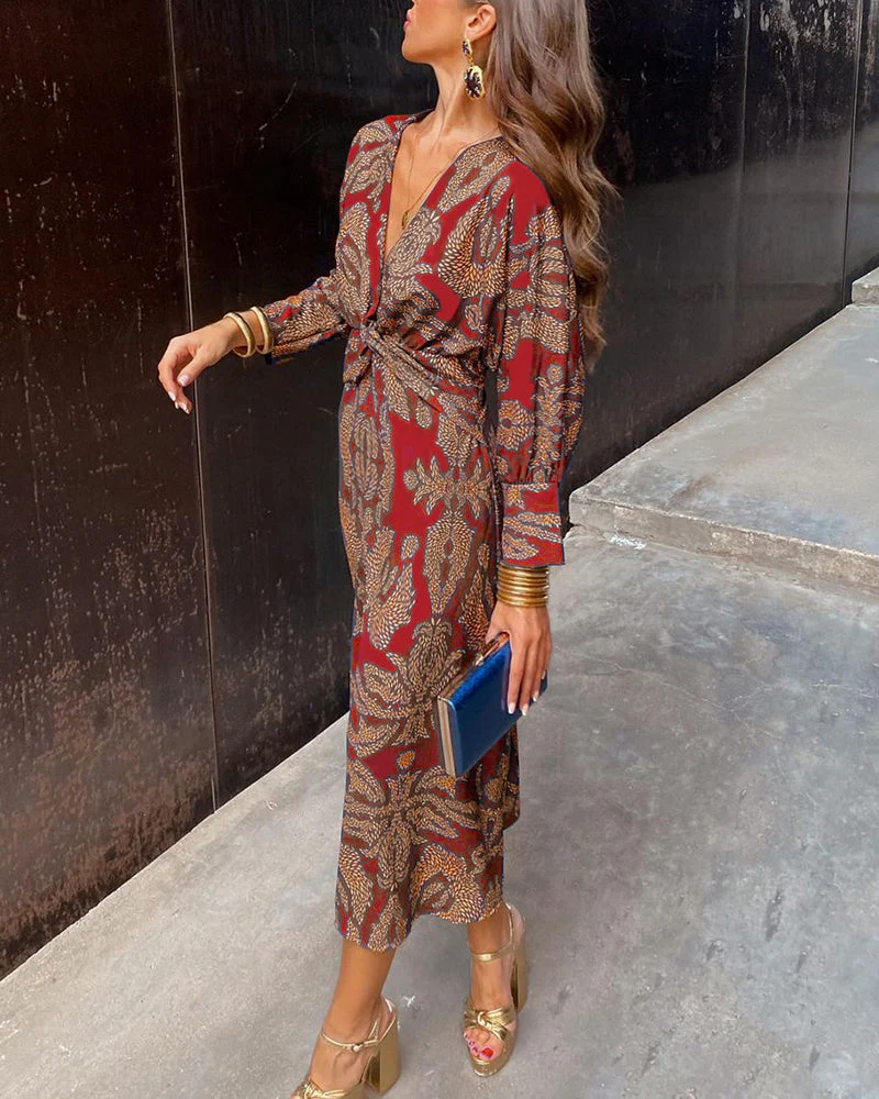 Women's Midi Dress - V-Neck - Long Sleeves - Floral Print - Elegant Waistband - Image 12