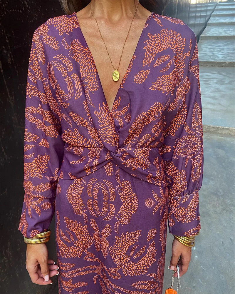 Women's Midi Dress - V-Neck - Long Sleeves - Floral Print - Elegant Waistband - Image 13