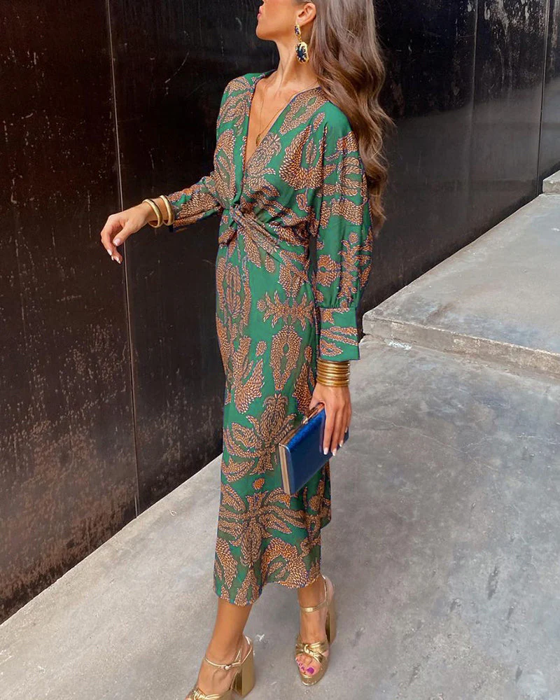 Women's Midi Dress - V-Neck - Long Sleeves - Floral Print - Elegant Waistband - Image 4