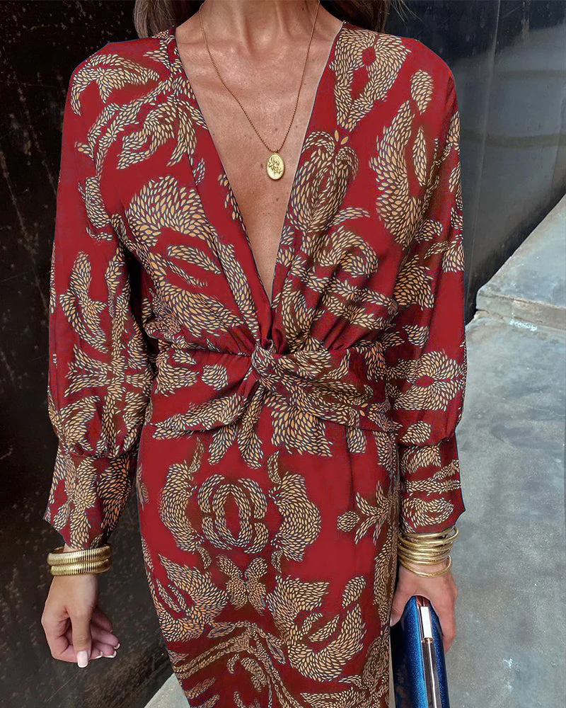 Women's Midi Dress - V-Neck - Long Sleeves - Floral Print - Elegant Waistband - Image 7