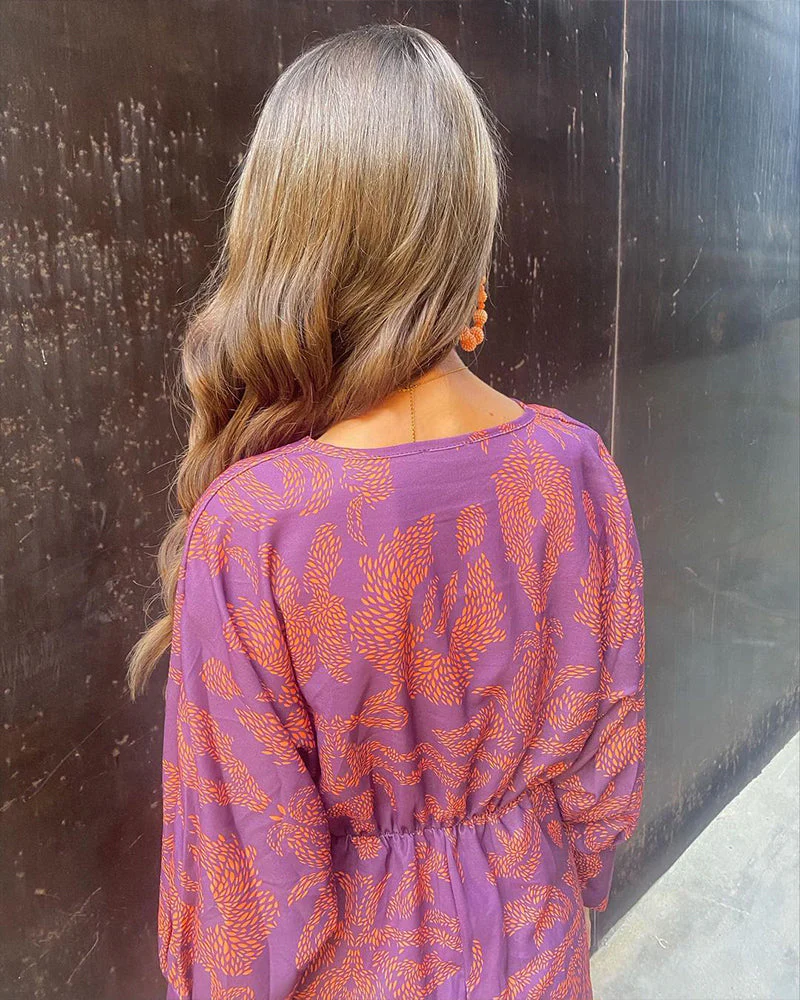Women's Midi Dress - V-Neck - Long Sleeves - Floral Print - Elegant Waistband - Image 8