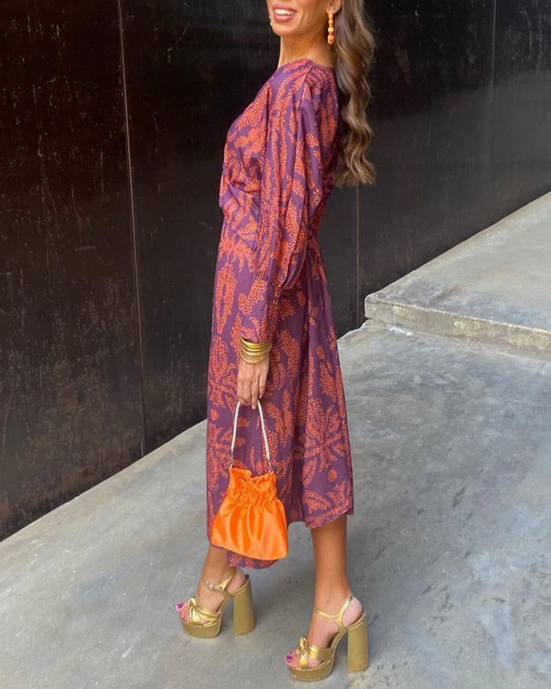 Women's Midi Dress - V-Neck - Long Sleeves - Floral Print - Elegant Waistband - Image 9