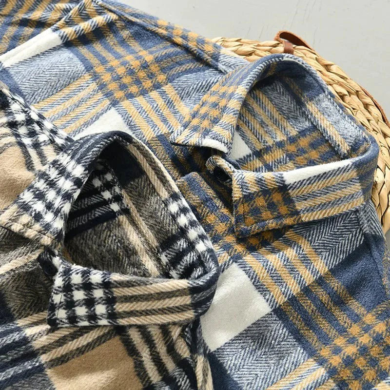 Men's Flannel Shirt - Check Pattern - Herringbone Weave - Relaxed Fit - Button Closure - Image 3