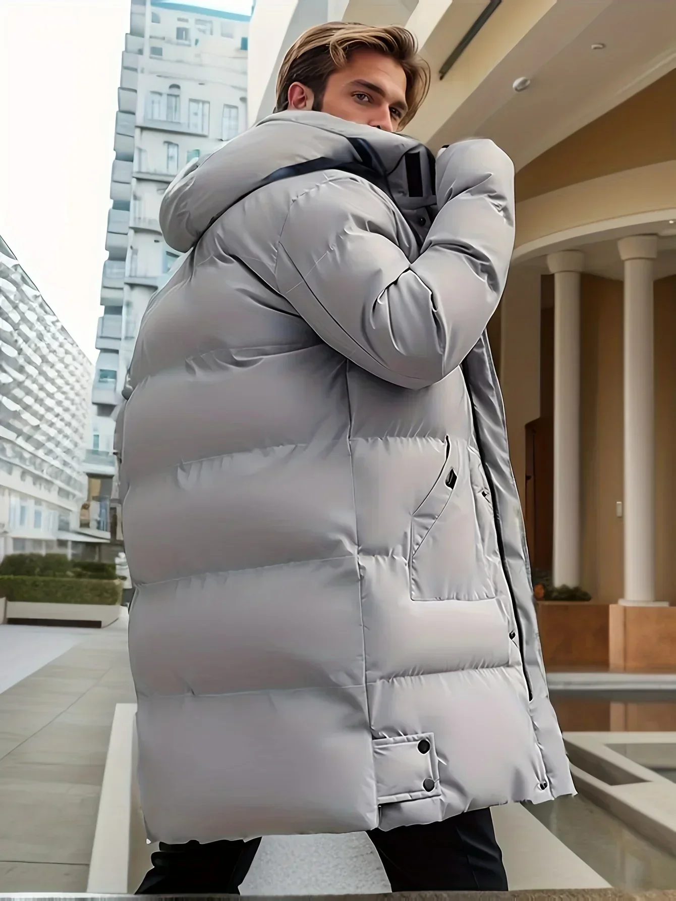 Men's Quilted Jacket – Water-Repellent – Adjustable Hood – Long Length – Casual Warmth - Image 4