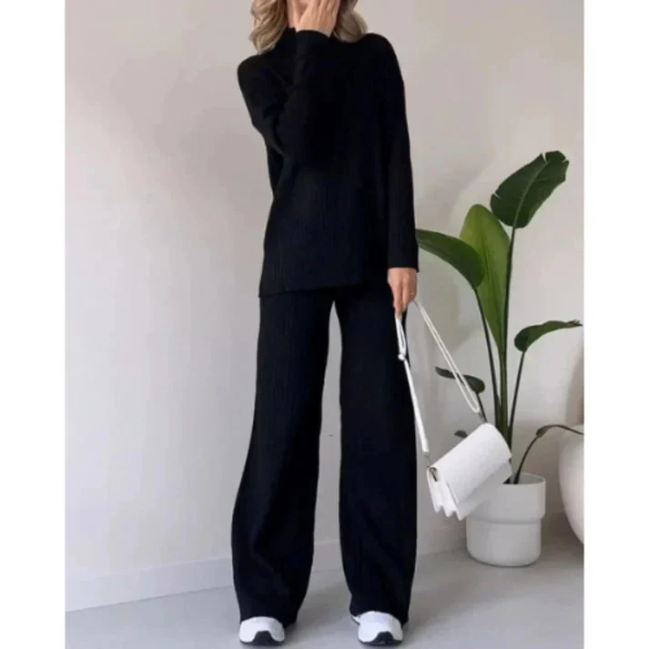 Women's Loungewear Set – Knitted Rib Fabric – Loose Fit – Sweaters with High Neck – Wide Pants - Image 2