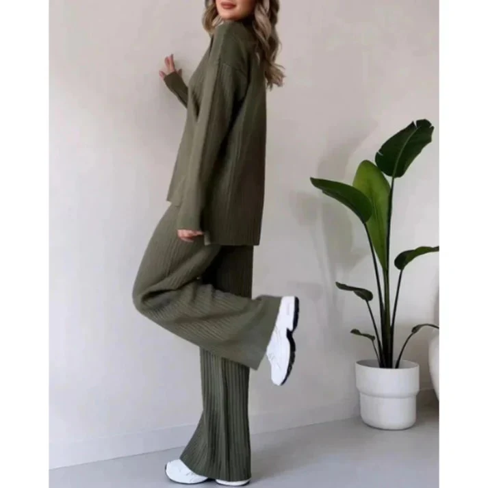 Women's Loungewear Set – Knitted Rib Fabric – Loose Fit – Sweaters with High Neck – Wide Pants - Image 3