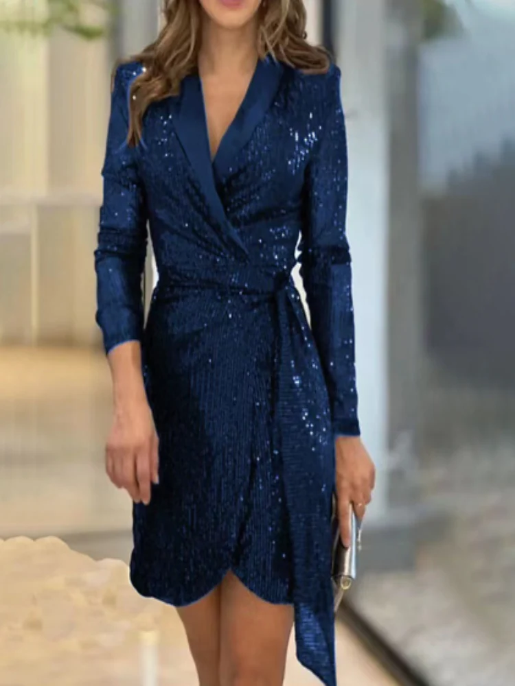Women's Blazer Dress - Asymmetrical Fit - Shiny Finish - Long Sleeves - Image 2