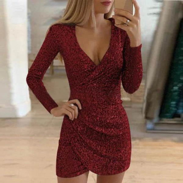Women's Mini Dress – Long Sleeves – V-Neck – Wrap Style – Elegant Tailored Fit - Image 3