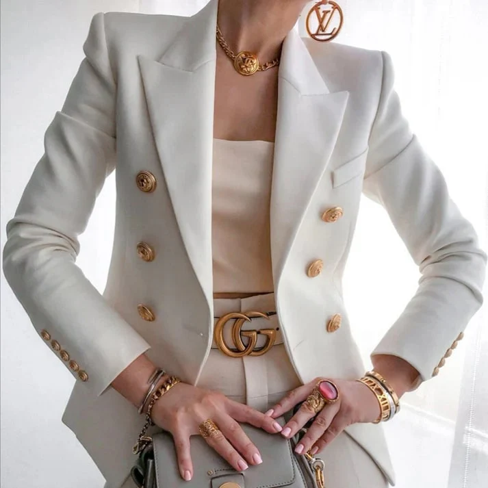Ladies Blazer - Double-Breasted - Fitted Model - Gold-Colored Buttons - Classic Lapels - Image 5