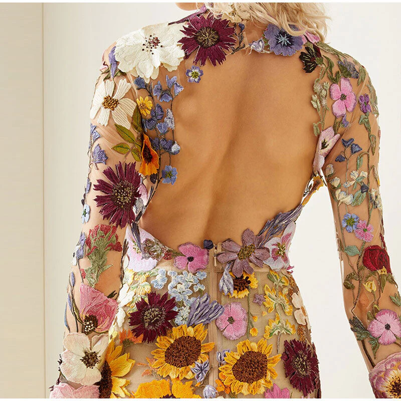 Ladies Dress - Figure-accentuating - Long Sleeves - 3D Flower Applique - High Neck - Image 2